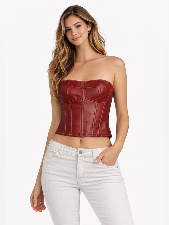 Edikted Tops - Edikted Red Faux Leather Corset Top XS Strapless Lace Up Back Y2K
